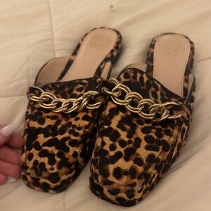 Vince Camuto Leopard Print Mules with Gold Chain